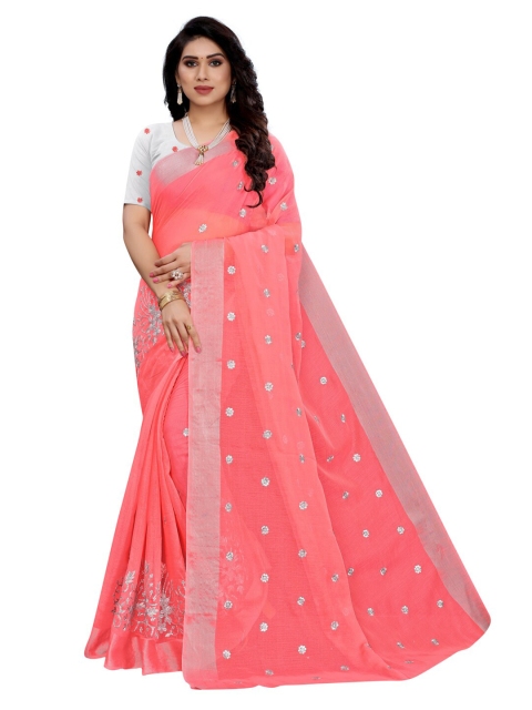 

KALINI Women Pink Embroidered Poly Cotton Saree with Blouse Piece
