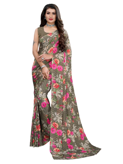 

KALINI Grey & Pink Floral Pure Georgette Saree