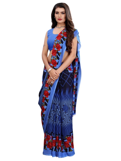 

KALINI Blue & Navy Blue Floral Pure Georgette Saree