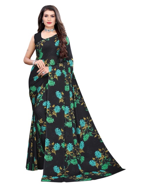 

KALINI Black & Blue Floral Pure Georgette Saree