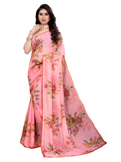 

KALINI Pink & Green Floral Pure Chiffon Saree