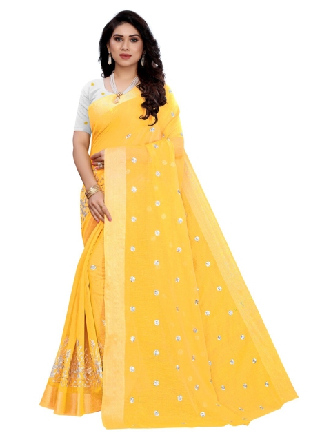 

KALINI Yellow & Silver-Toned Floral Polycotton Saree
