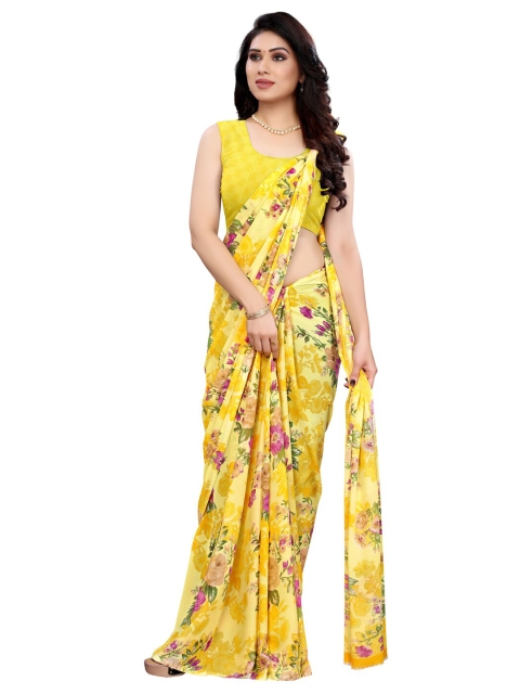 

KALINI Women Yellow & Violet Floral Print Pure Georgette Saree