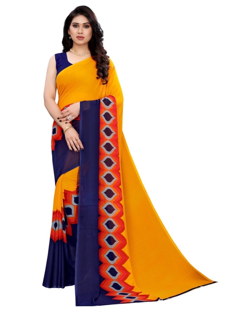 

KALINI Mustard & Blue Printed Pure Georgette Saree