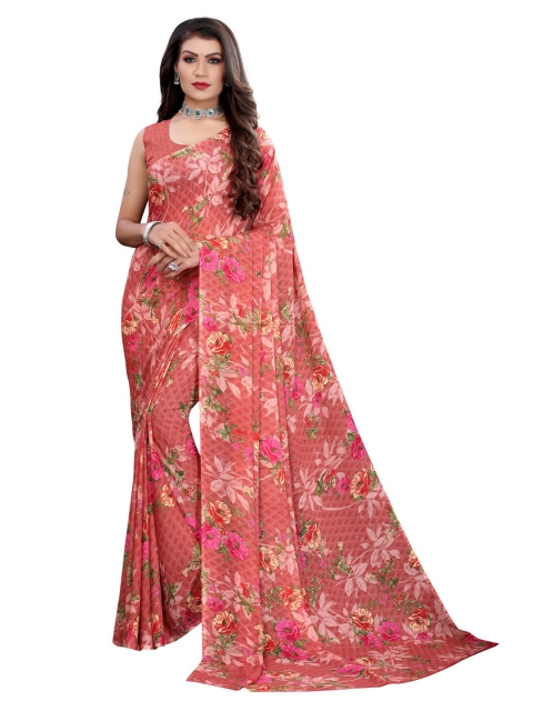 

KALINI Peach & Pink Floral Printed Georgette Designer Saree