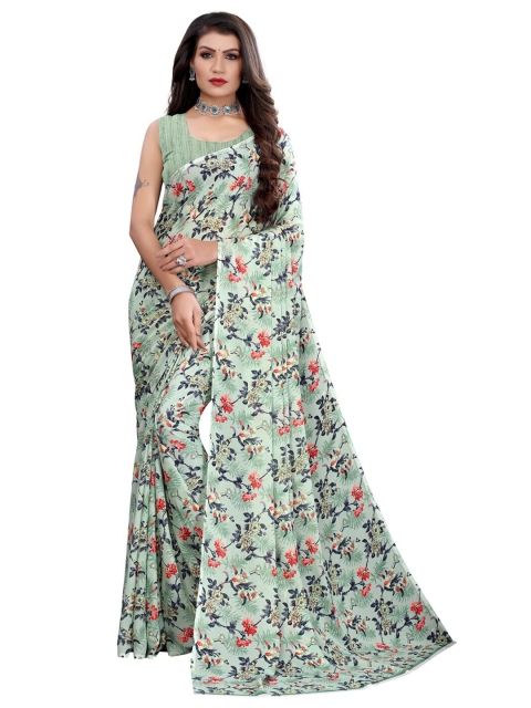 

KALINI Green & Orange Floral Pure Georgette Saree