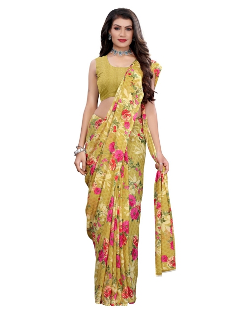 

KALINI Women Green & Multicoloured Floral Print Pure Georgette Saree