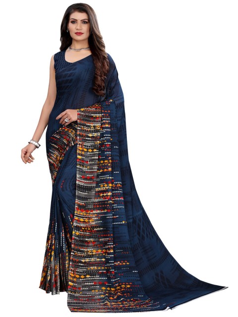 

KALINI Navy Blue & Red Abstract Printed Georgette Designer Saree