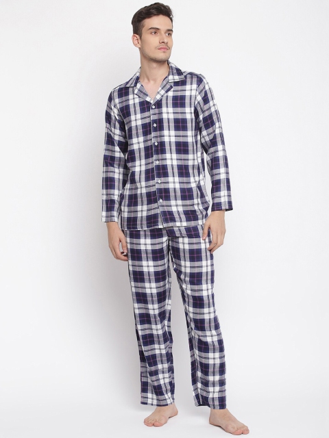 

La Intimo Men Blue & Grey Checked Print Relaxed Night Suit