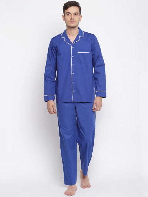 

La Intimo Men Blue & White Solid Pure Cotton Night suit