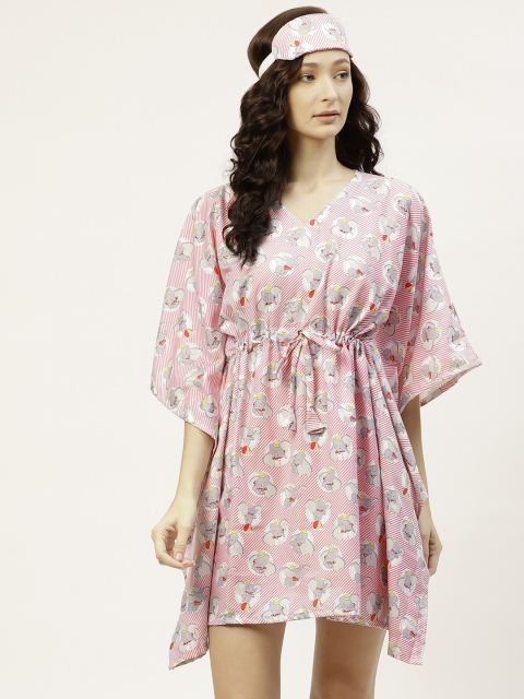 

bedgasm Pink BabyElephant Printed Kaftan Nightdress With Matching Eye Mask