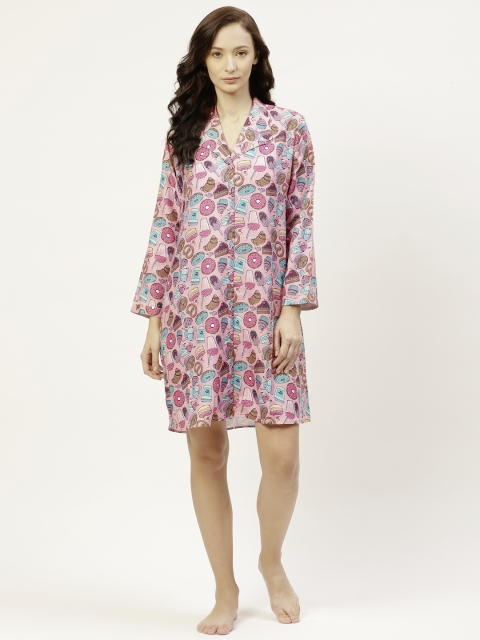 

bedgasm Women Pink & Blue Printed Shirt Nightdress