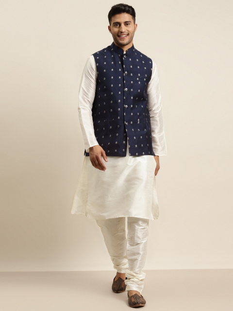 

SOJANYA Men Off White Solid Kurta with Churidar & Nehru Jacket