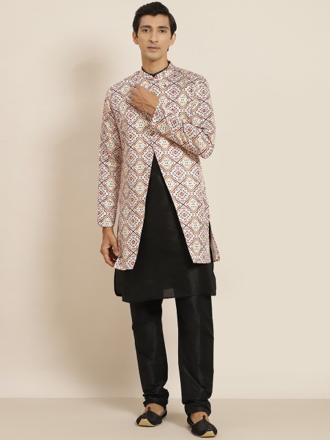 

SOJANYA Men Black Solid Kurta with Churidar & Printed Jacket