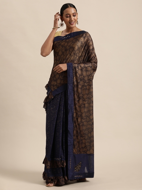 

Triveni Navy Blue & Rust Brown Floral Beads and Stones Pure Chiffon Ruffle Saree
