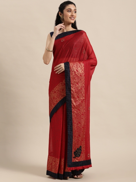

Triveni Red & Gold-Toned Embellished Beads and Stones Pure Chiffon Saree
