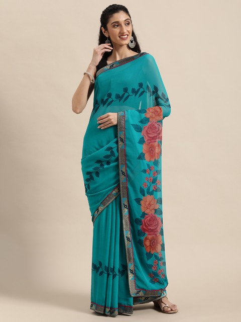

Triveni Blue & Orange Floral Printed Pure Georgette Saree