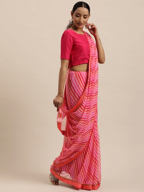 

Triveni Pink & Red Striped Pure Georgette Saree