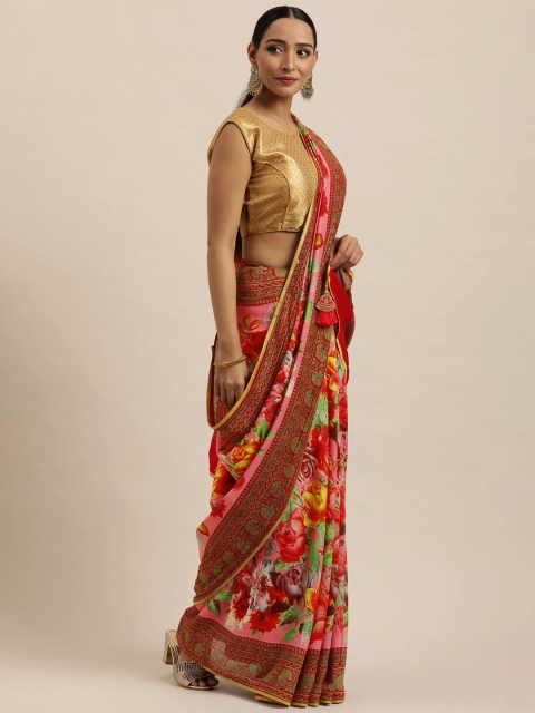 

Triveni Pink & Red Floral Art Silk Chanderi Saree