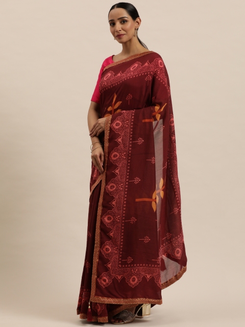 

Triveni Maroon & Pink Ethnic Motifs Printed Art Silk Chanderi Saree