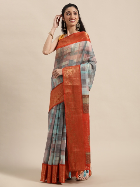 

Triveni Grey & Orange Checked Zari Silk Cotton Saree