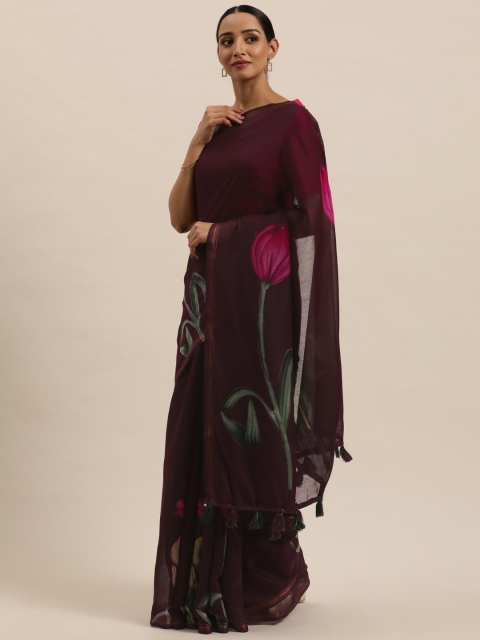 

Triveni Burgundy & Pink Floral Printed Silk Cotton Saree