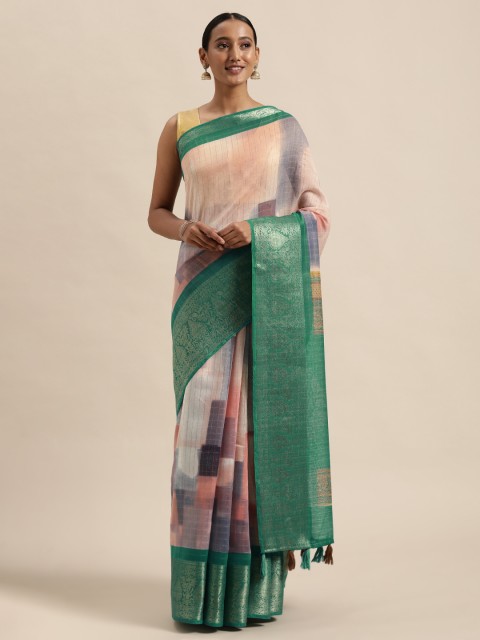 

Triveni Pink & Green Ethnic Motifs Zari Silk Cotton Saree
