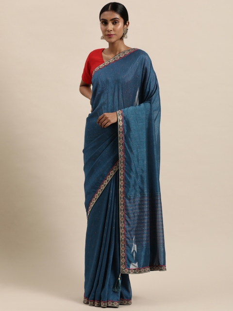 

Triveni Blue Foil Printed Art Silk Chanderi Saree