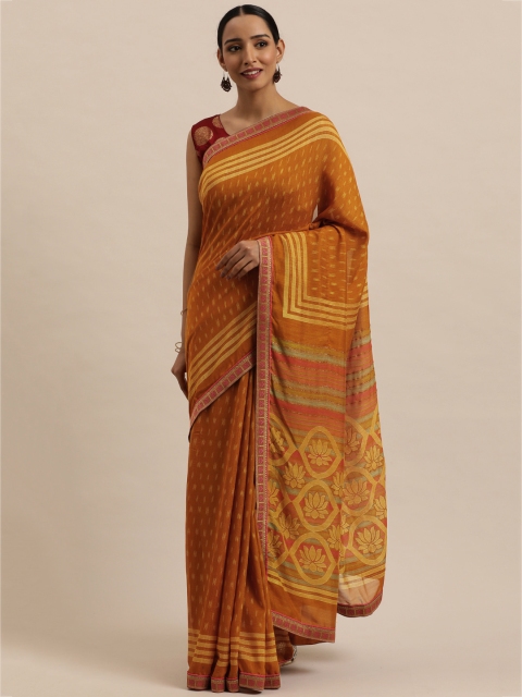

Triveni Mustard Yellow Printed Art Silk Chanderi Saree