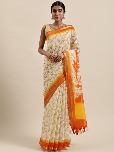 

Triveni Off White & Orange Floral Pure Cotton Saree