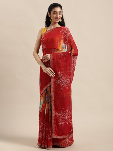 

Triveni Red & White Floral Pure Georgette Saree