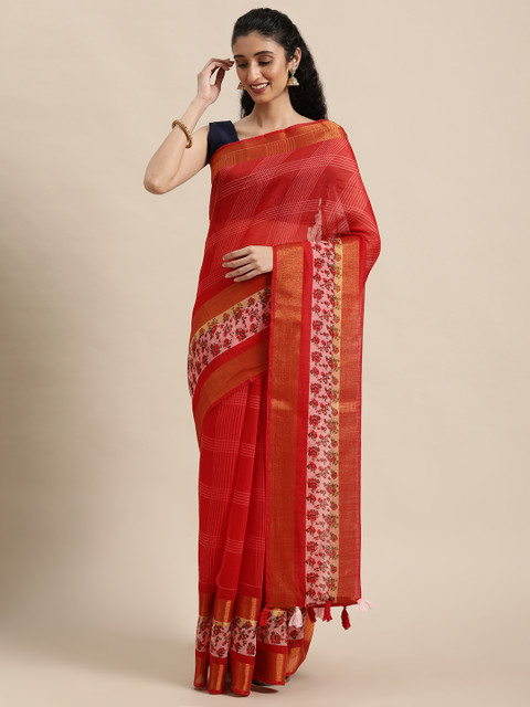 

Triveni Red Checked Silk Cotton Saree