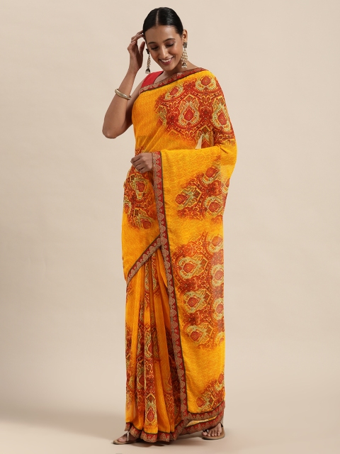 

Triveni Mustard Yellow & Red Ethnic Motifs Printed Pure Georgette Saree