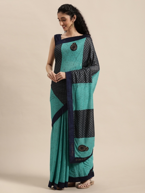 

Triveni Teal Green & Charcoal Grey Embellished Beads and Stones Pure Chiffon Saree