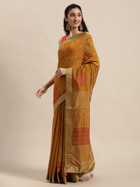 

Triveni Mustard Yellow & Pink Floral Art Silk Chanderi Saree
