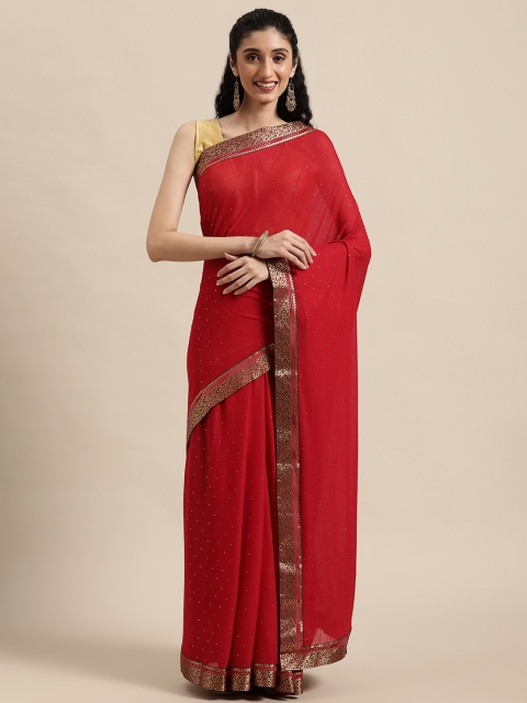 

Triveni Red Embellished Beads and Stones Polyester Saree