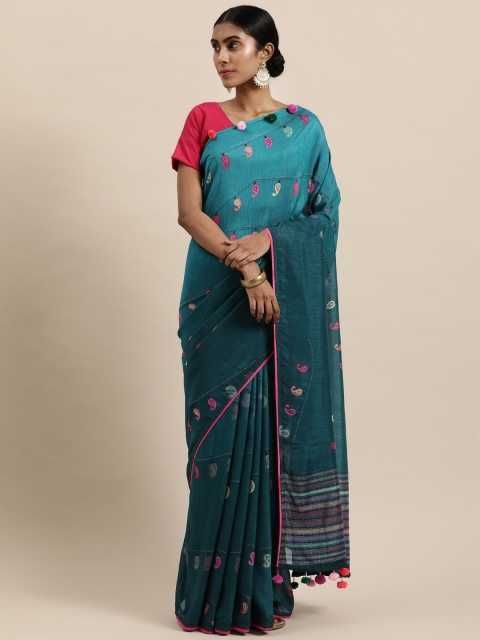 

Triveni Teal Blue Paisley Art Silk Chanderi Saree