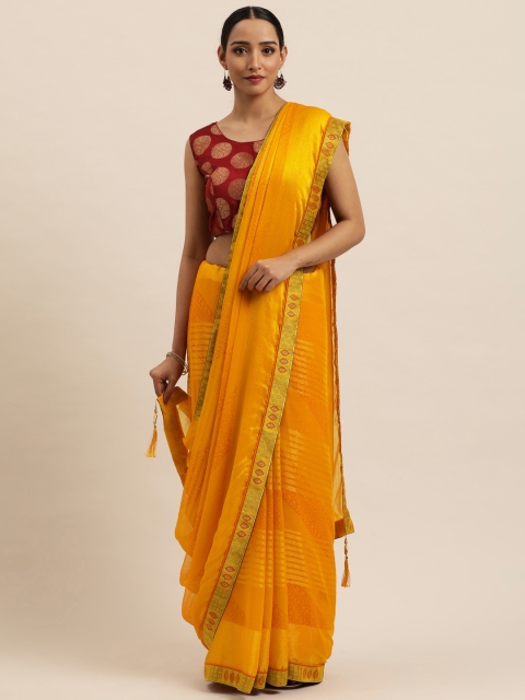 

Triveni Mustard Yellow Striped Pure Chiffon Saree