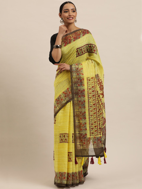 

Triveni Yellow & Red Floral Art Silk Chanderi Saree