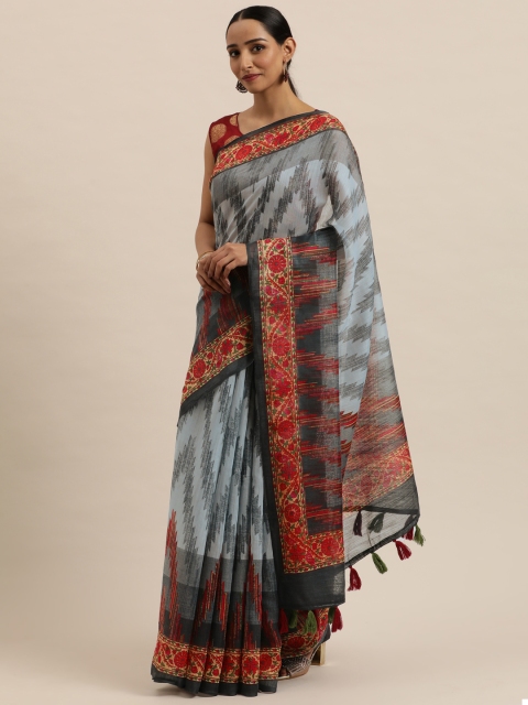 

Triveni Grey & Red Printed Art Silk Chanderi Saree