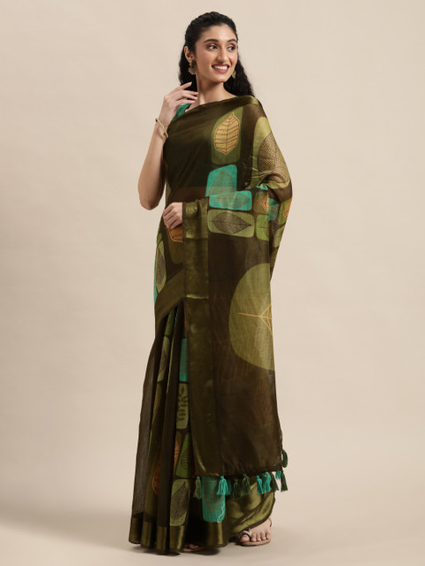 

Triveni Olive Green Floral Pure Cotton Saree
