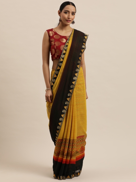 

Triveni Mustard Yellow & Red Pure Georgette Saree