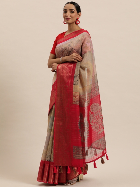 

Triveni Beige & Green Floral Jacquard Silk Cotton Saree