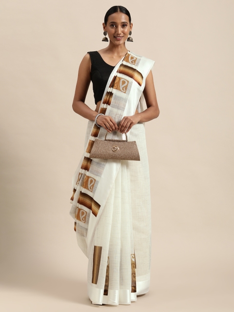 

Triveni White & Brown Paisley Pure Cotton Saree