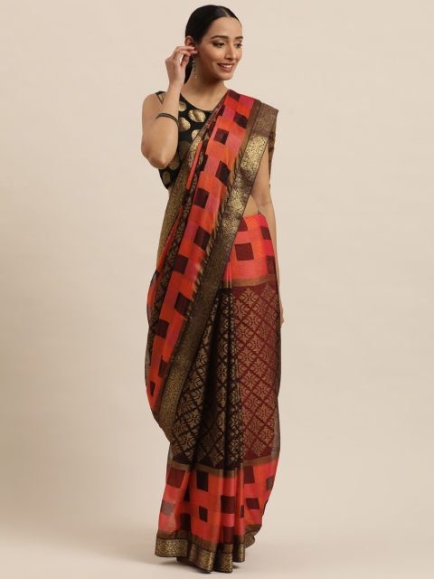 

Triveni Brown & Orange Abstract Printed Pure Chiffon Saree