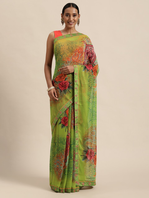 

Triveni Green & Pink Floral Pure Georgette Saree