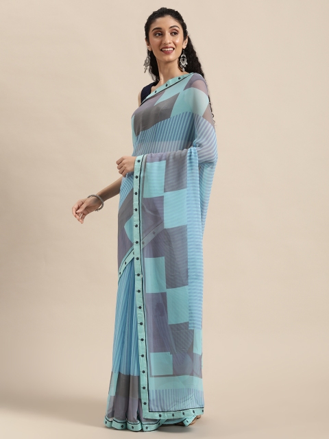 

Triveni Blue & Grey Striped Pure Georgette Saree