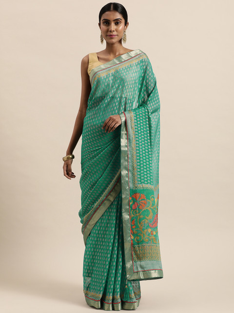 

Triveni Green Ethnic Motifs Foil Printed Pure Georgette Saree