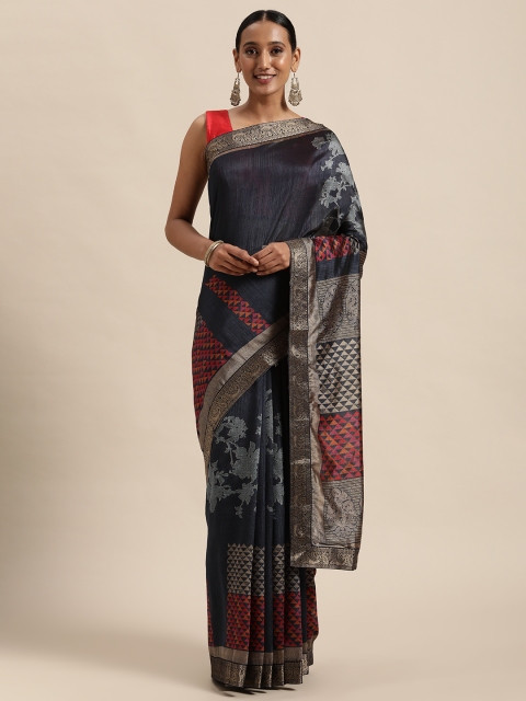 

Triveni Blue Floral Print Art Silk Saree