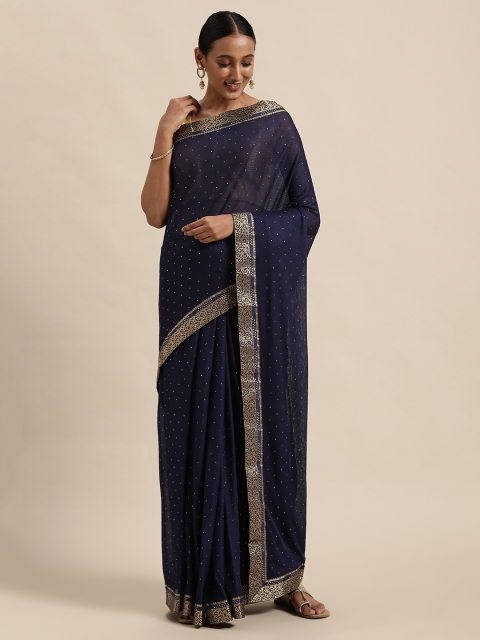 

Triveni Navy Blue & Gold-Toned Embellished Beads and Stones Saree